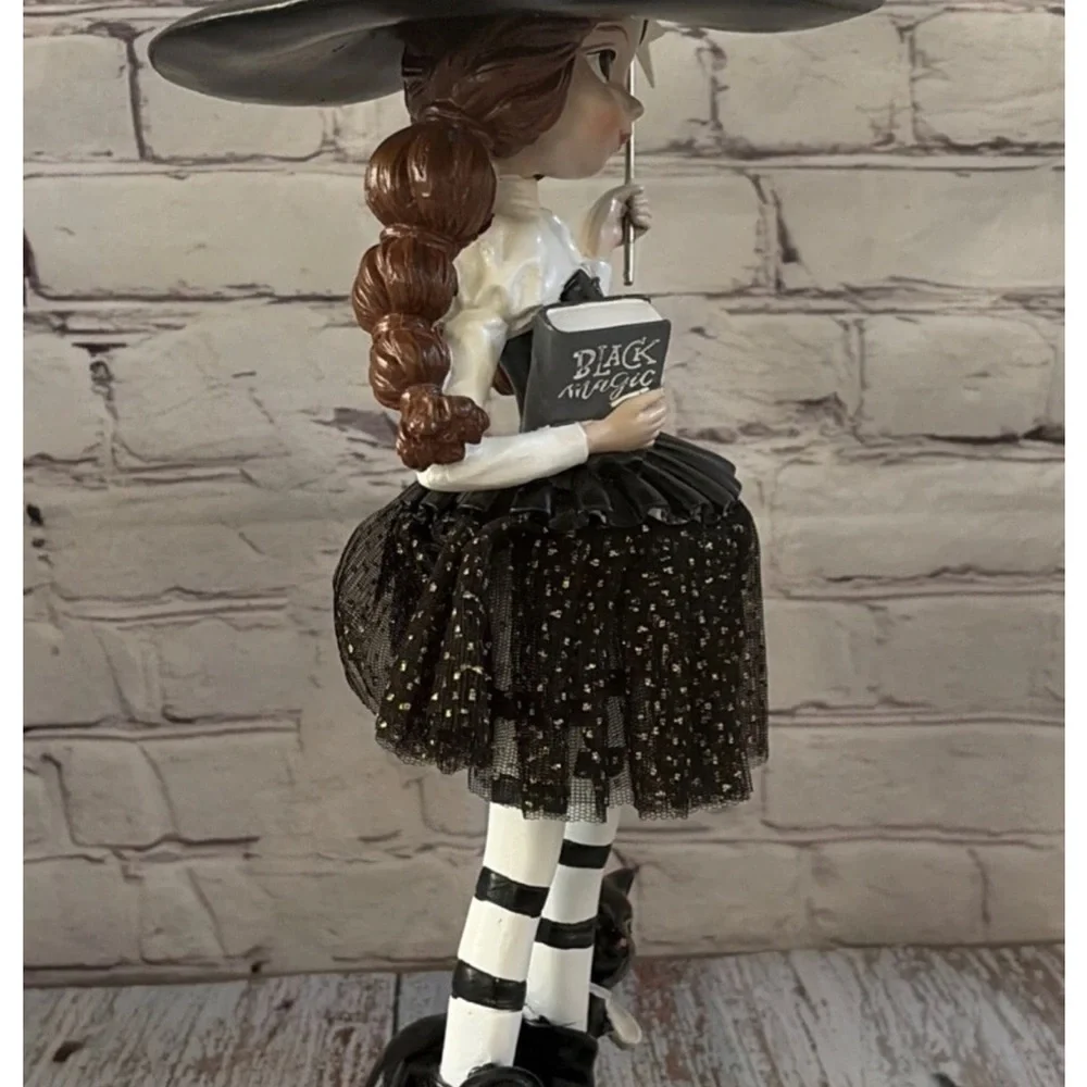 Whimsical Witch Figurine with Black Cat Wand Black Magic Book Halloween 15 Inch